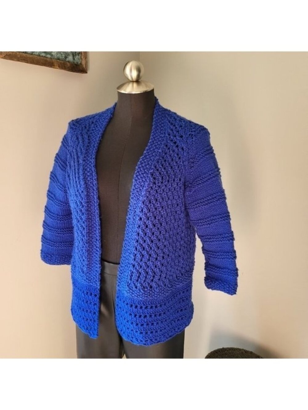 Crocheted Handcrafted Blue Cardigan Sweater Sz Large